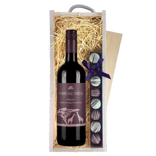 Afrikan Ridge Merlot 75cl Red Wine & Truffles, Wooden Box